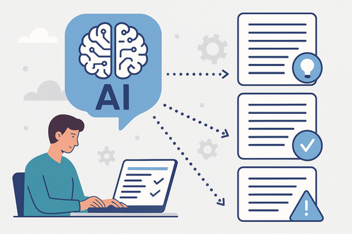 A person sits at a laptop while a large AI icon shaped like a brain appears beside them. Dotted arrows connect the AI icon to three documents representing different stages of writing. Each document has a small symbol, including a lightbulb, a check mark, and an exclamation point, illustrating idea generation, review, and error detection.