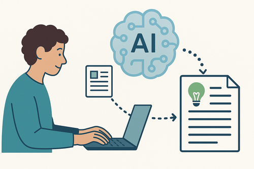 A person works on a laptop while an AI icon above represents artificial intelligence assisting with writing. Dotted arrows connect the laptop to a draft document and then to a finished page featuring a lightbulb symbol, illustrating how AI supports idea generation and content drafting.