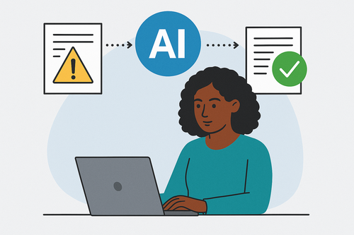 A woman of African descent with curly black hair works at a laptop. Above her, a blue AI symbol connects by dotted arrows to two documents, one showing a warning triangle and the other a green check mark, representing AI-assisted quality assurance in technical communication.