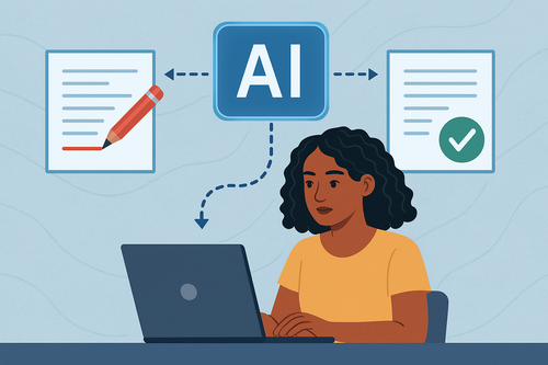 A woman of color with medium brown skin and curly black hair works on a laptop while a blue AI symbol above her connects by dotted lines to two documents. One document shows red pencil marks, and the other displays a green check mark, illustrating AI-assisted revision and editing in technical communication.